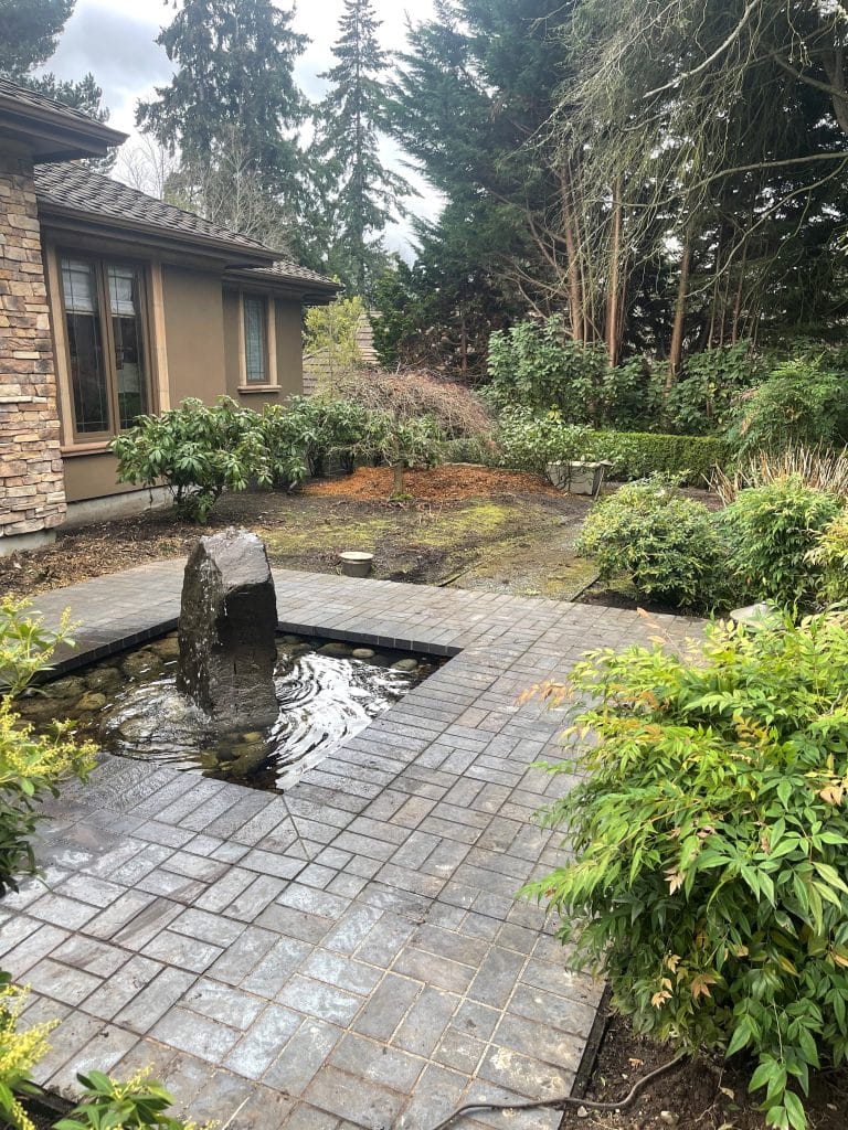 Surgical stump grinding around established gardens and water feature at a residential property in Medina